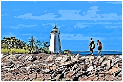 Hiking Along Rocky Jetty to Lighthouse. Digi Paint.